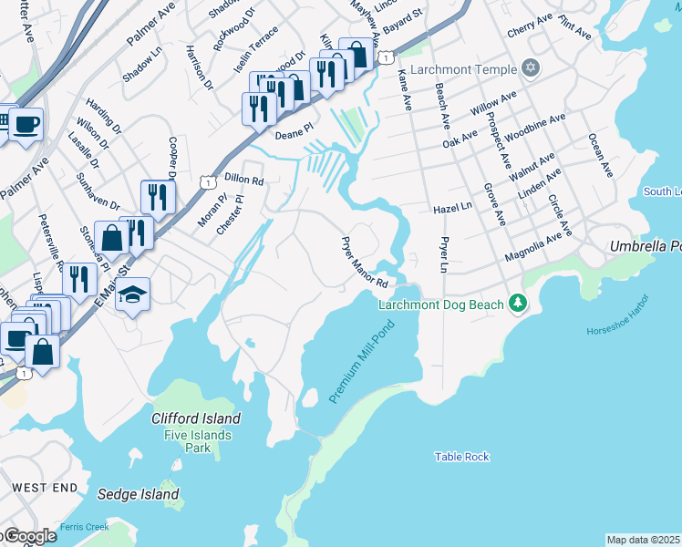 map of restaurants, bars, coffee shops, grocery stores, and more near 8 Dogwood Lane in Larchmont