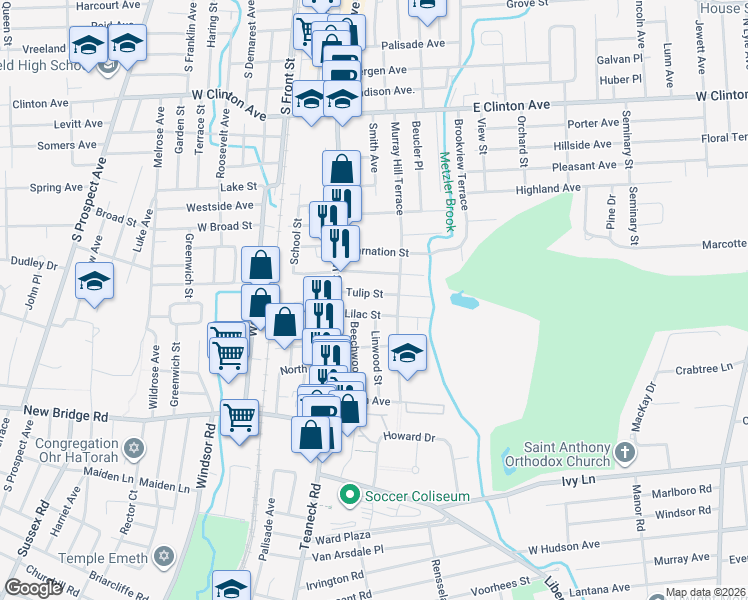 map of restaurants, bars, coffee shops, grocery stores, and more near 56 Lilac Street in Bergenfield
