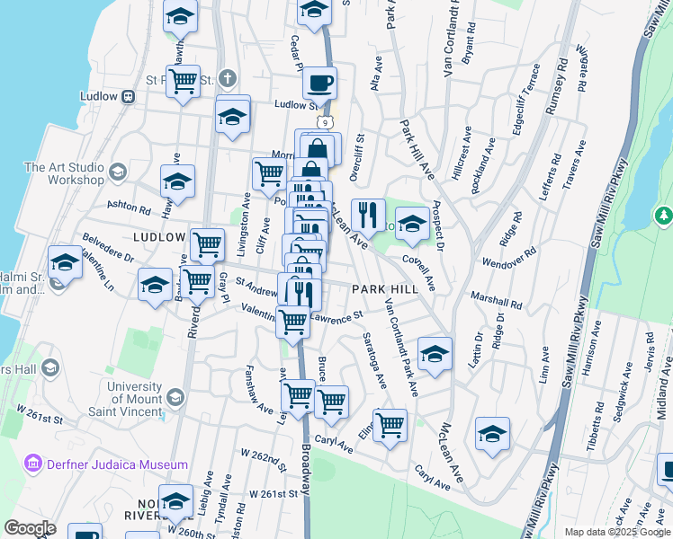 map of restaurants, bars, coffee shops, grocery stores, and more near 36 Radford Street in Yonkers