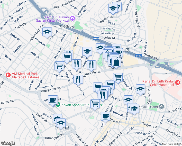 map of restaurants, bars, coffee shops, grocery stores, and more near Tugay Yolu Caddesi in Maltepe