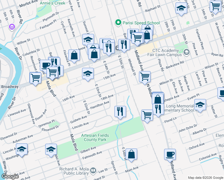 map of restaurants, bars, coffee shops, grocery stores, and more near 102 18th Avenue in Elmwood Park