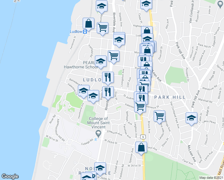 map of restaurants, bars, coffee shops, grocery stores, and more near 143 Livingston Avenue in Yonkers