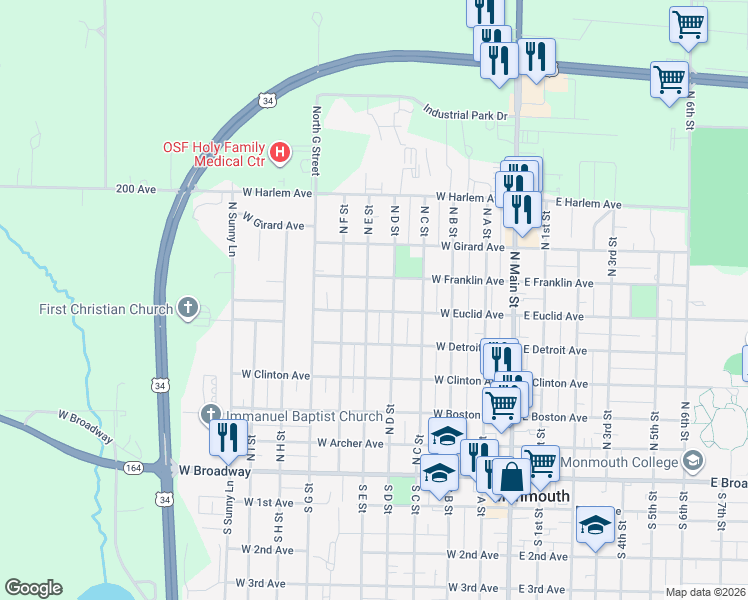 map of restaurants, bars, coffee shops, grocery stores, and more near 501-599 W Franklin Ave in Monmouth