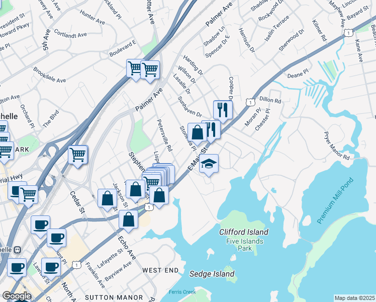 map of restaurants, bars, coffee shops, grocery stores, and more near 2 Stonelea Place in New Rochelle