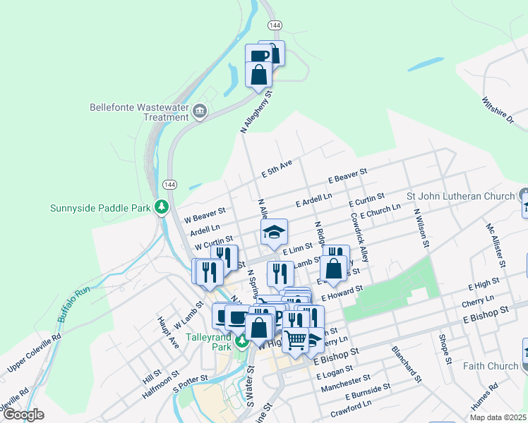 map of restaurants, bars, coffee shops, grocery stores, and more near North Allegheny Street in Bellefonte