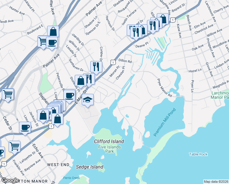 map of restaurants, bars, coffee shops, grocery stores, and more near 45 Emerson Avenue in New Rochelle