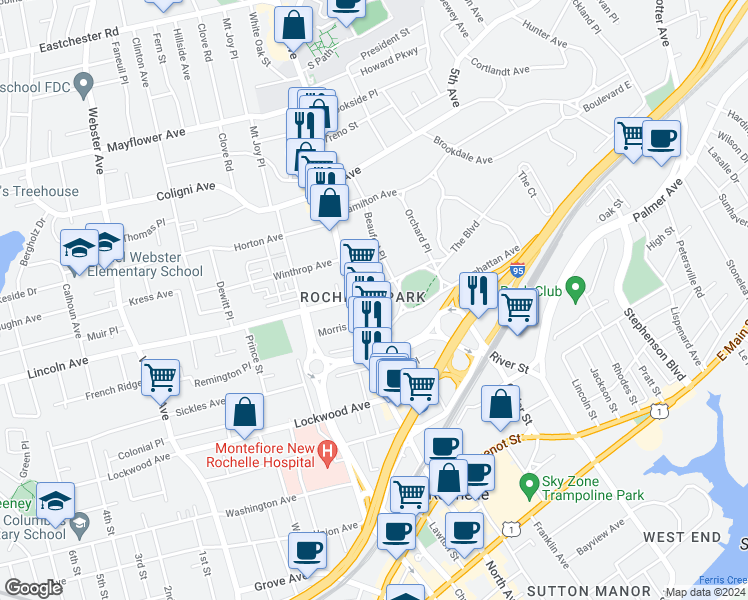 map of restaurants, bars, coffee shops, grocery stores, and more near in New Rochelle