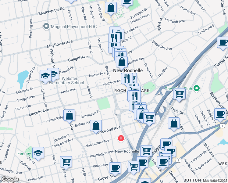 map of restaurants, bars, coffee shops, grocery stores, and more near 30 Winthrop Avenue in New Rochelle