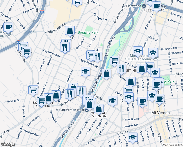 map of restaurants, bars, coffee shops, grocery stores, and more near 87 Crescent Place in Yonkers