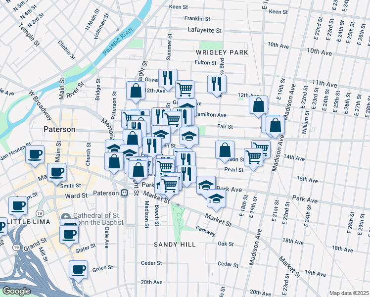map of restaurants, bars, coffee shops, grocery stores, and more near 308 Broadway in Paterson