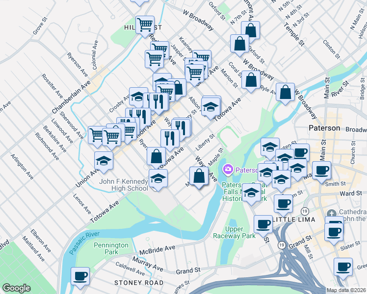 map of restaurants, bars, coffee shops, grocery stores, and more near 113 Wayne Avenue in Paterson