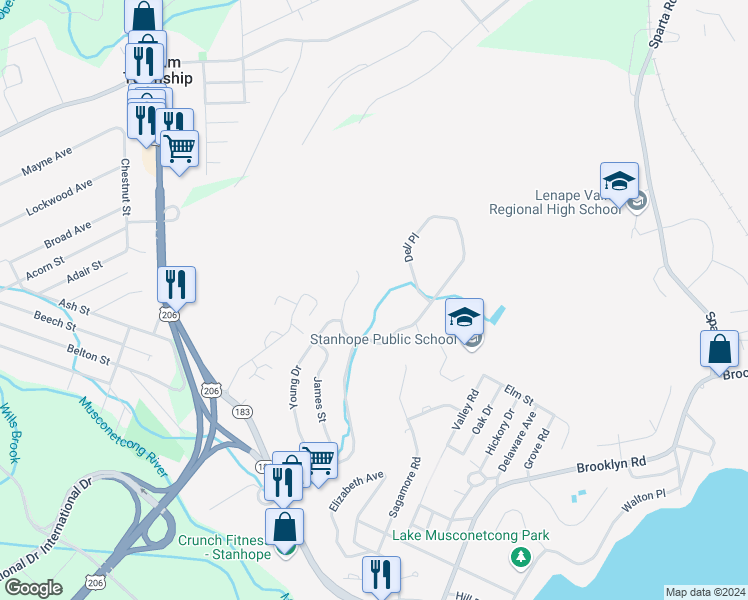 map of restaurants, bars, coffee shops, grocery stores, and more near 8149 Ashland Court in Stanhope