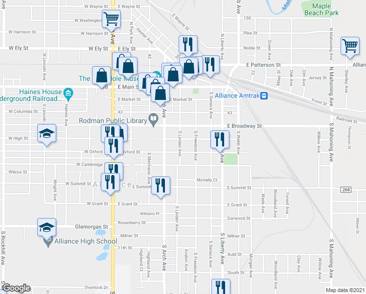 map of restaurants, bars, coffee shops, grocery stores, and more near 347 South Freedom Avenue in Alliance