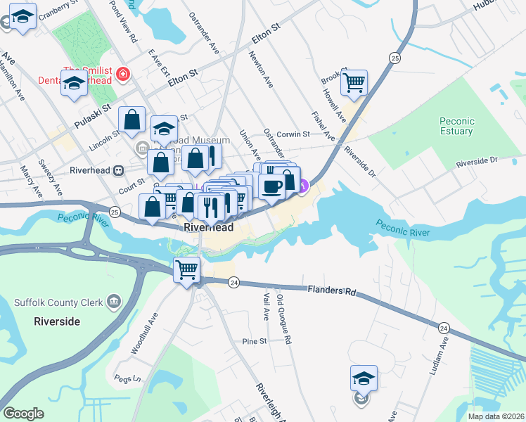 map of restaurants, bars, coffee shops, grocery stores, and more near 221 East Main Street in Riverhead