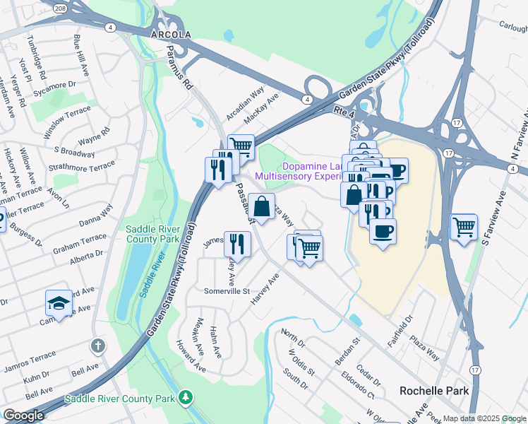 map of restaurants, bars, coffee shops, grocery stores, and more near 350 West Passaic Street in Rochelle Park