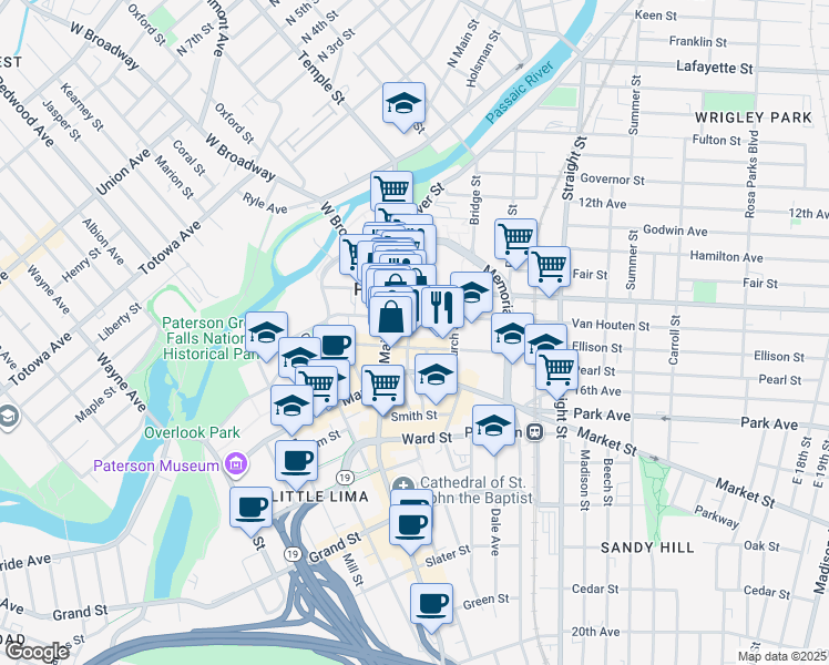 map of restaurants, bars, coffee shops, grocery stores, and more near 94 Washington Street in Paterson