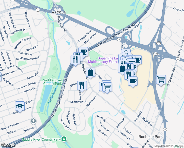 map of restaurants, bars, coffee shops, grocery stores, and more near 350 West Passaic Street in Rochelle Park