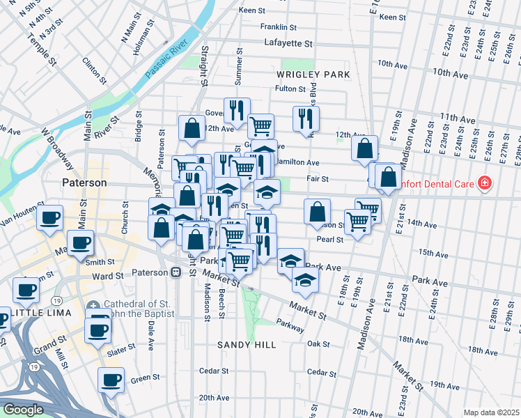 map of restaurants, bars, coffee shops, grocery stores, and more near 308 Broadway in Paterson