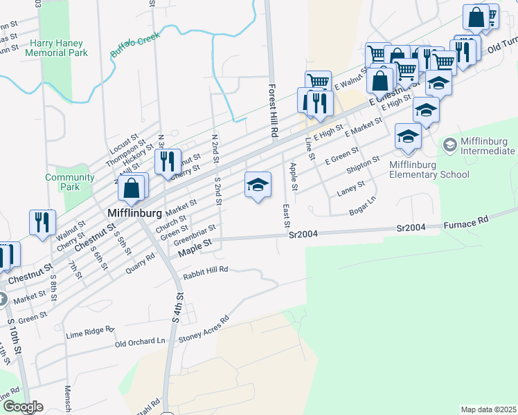 map of restaurants, bars, coffee shops, grocery stores, and more near 75 Market Street in Mifflinburg