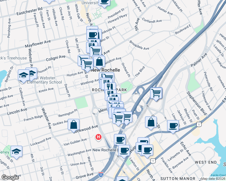 map of restaurants, bars, coffee shops, grocery stores, and more near in New Rochelle