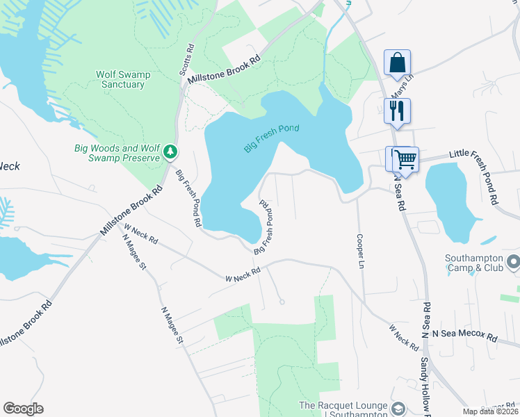 map of restaurants, bars, coffee shops, grocery stores, and more near 132 Big Fresh Pond Road in Southampton