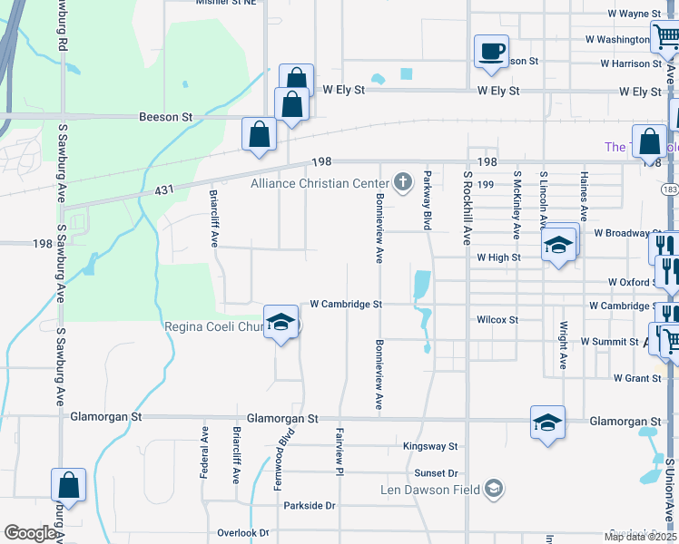 map of restaurants, bars, coffee shops, grocery stores, and more near 433 Fairview Place in Alliance
