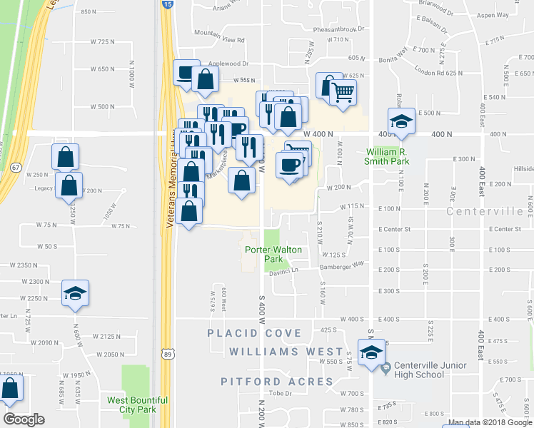 map of restaurants, bars, coffee shops, grocery stores, and more near 136 North 360 West in Centerville