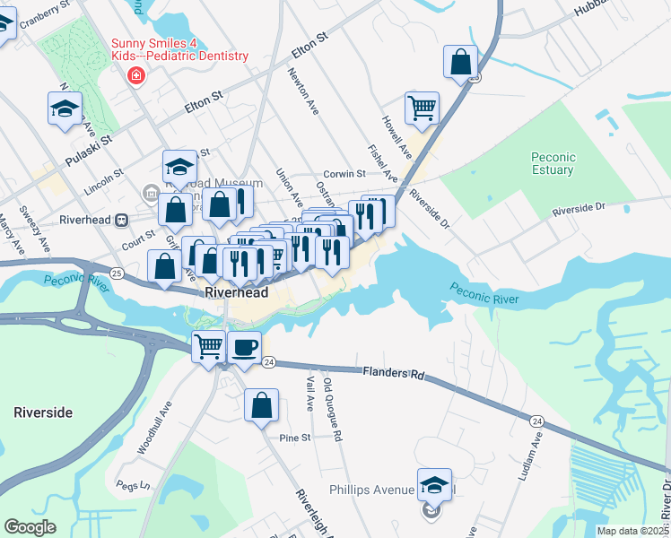map of restaurants, bars, coffee shops, grocery stores, and more near 415 New York 25 in Riverhead