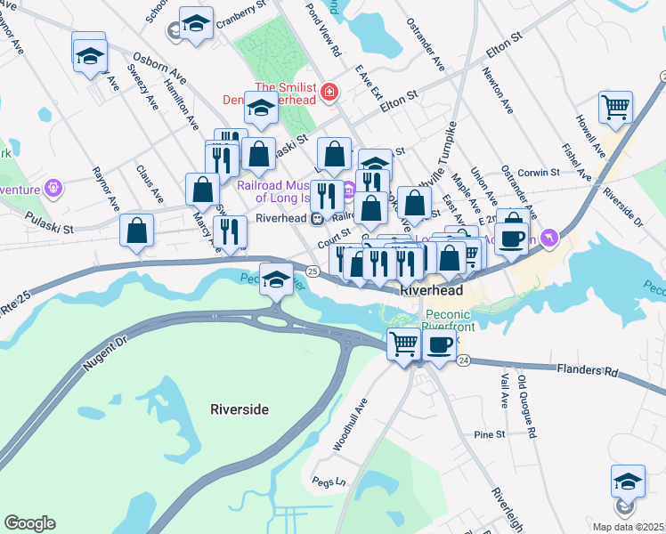 map of restaurants, bars, coffee shops, grocery stores, and more near 130 Osborn Avenue in Riverhead