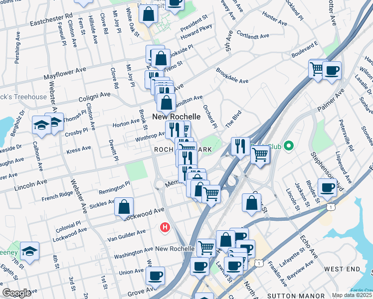 map of restaurants, bars, coffee shops, grocery stores, and more near in New Rochelle