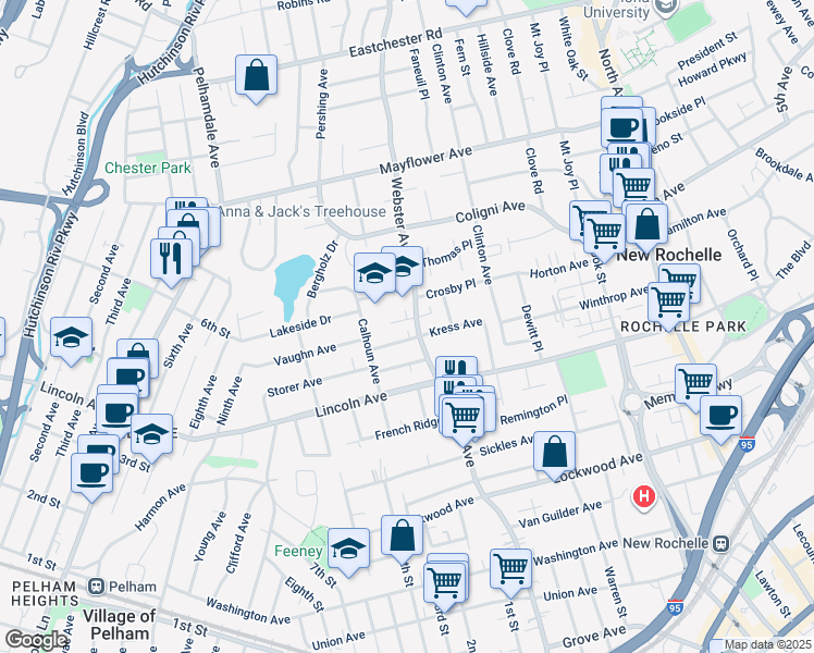 map of restaurants, bars, coffee shops, grocery stores, and more near 456 Webster Avenue in New Rochelle