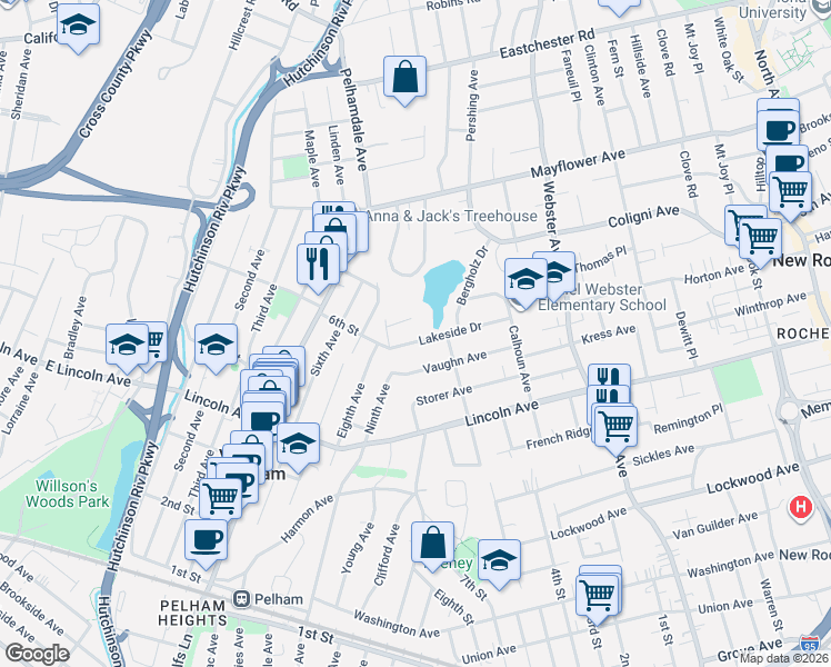 map of restaurants, bars, coffee shops, grocery stores, and more near 1 Inwood Place in New Rochelle