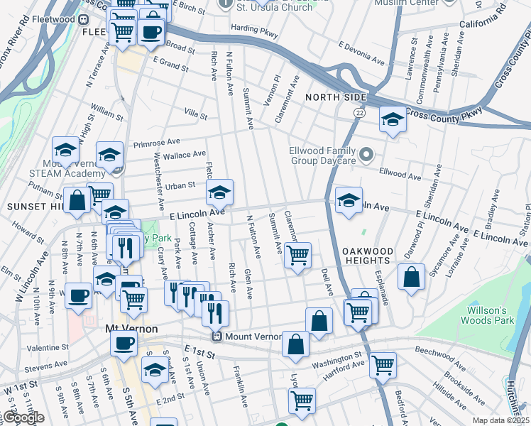 map of restaurants, bars, coffee shops, grocery stores, and more near 207 Summit Avenue in Mount Vernon