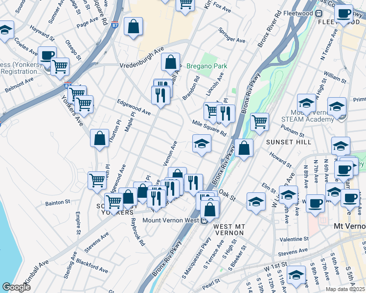 map of restaurants, bars, coffee shops, grocery stores, and more near 141 Vernon Avenue in Yonkers