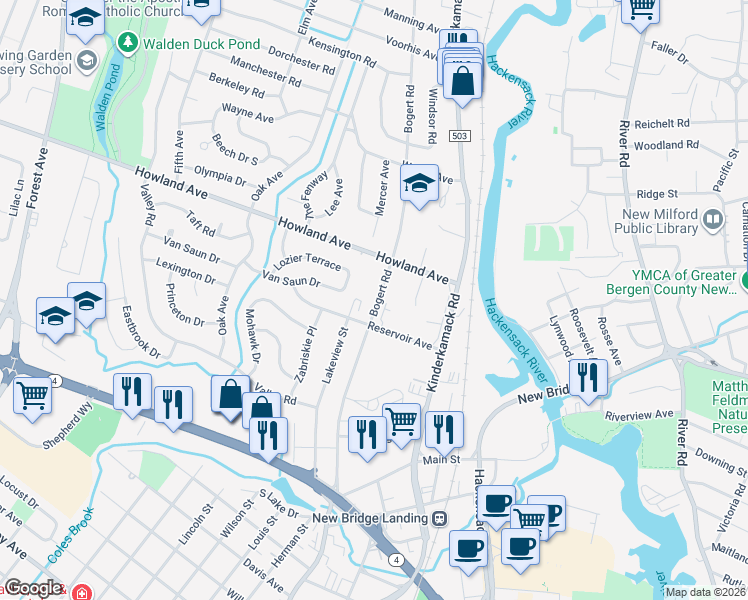 map of restaurants, bars, coffee shops, grocery stores, and more near 12 Gainesborough Terrace in River Edge