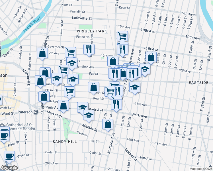 map of restaurants, bars, coffee shops, grocery stores, and more near 411 Doctor Martin Luther King Junior Way in Paterson
