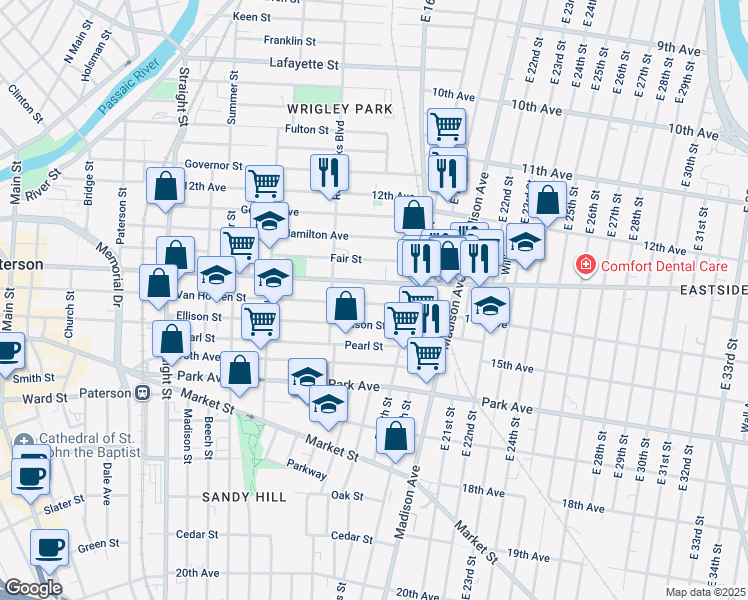 map of restaurants, bars, coffee shops, grocery stores, and more near 411 Doctor Martin Luther King Junior Way in Paterson