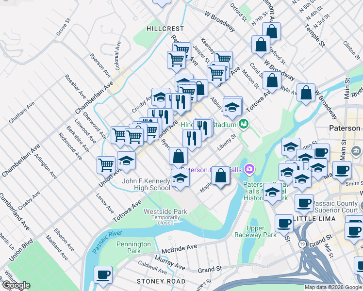 map of restaurants, bars, coffee shops, grocery stores, and more near 37 Manchester Avenue in Paterson