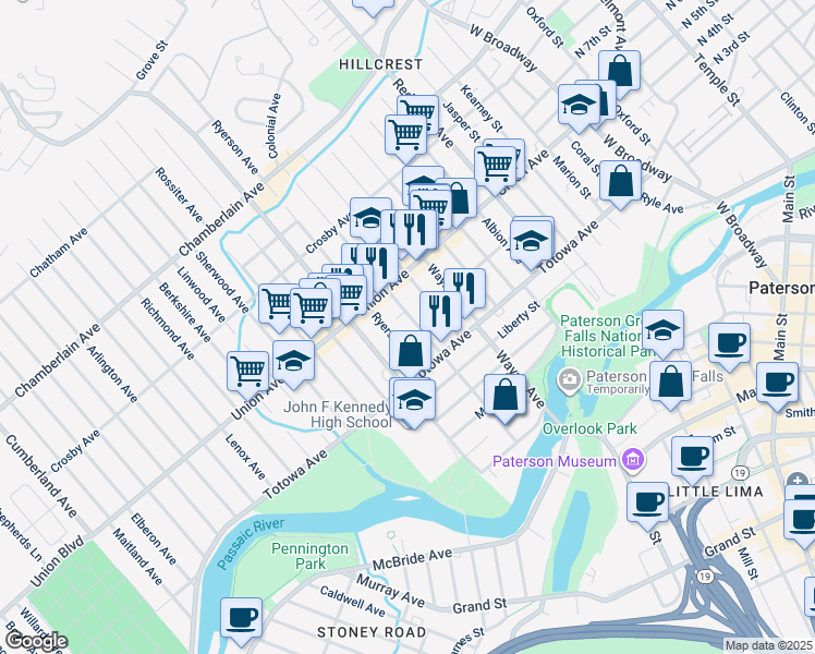 map of restaurants, bars, coffee shops, grocery stores, and more near 161 Paterson Avenue in Paterson