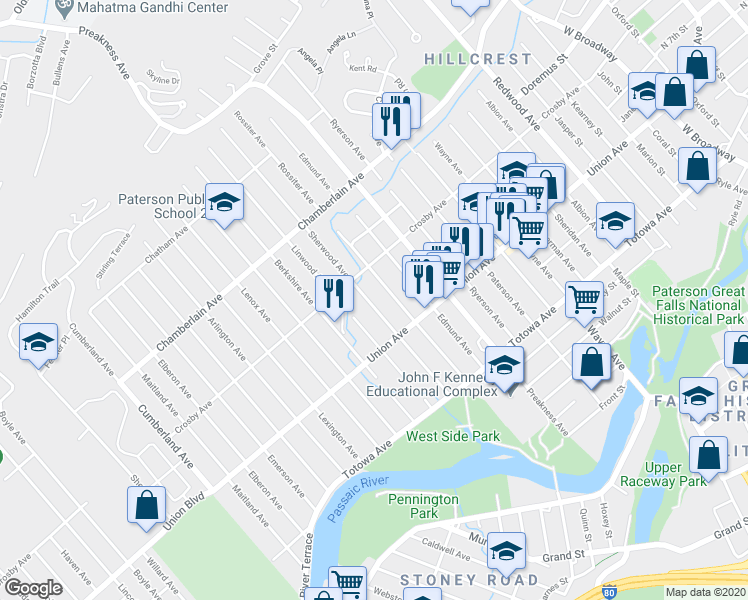map of restaurants, bars, coffee shops, grocery stores, and more near 123 Rossiter Avenue in Paterson
