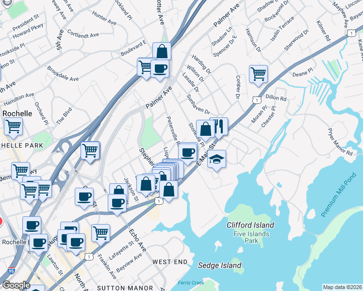 map of restaurants, bars, coffee shops, grocery stores, and more near 55 Petersville Road in New Rochelle