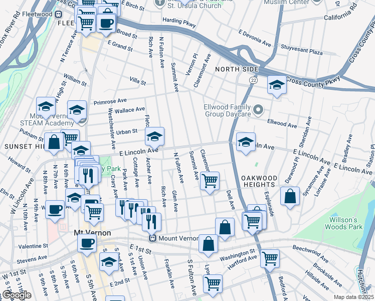 map of restaurants, bars, coffee shops, grocery stores, and more near 207 Summit Avenue in Mount Vernon