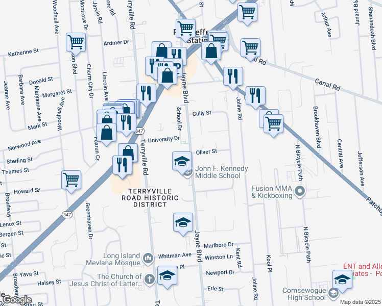 map of restaurants, bars, coffee shops, grocery stores, and more near Jayne Boulevard in Port Jefferson Station