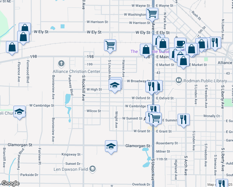 map of restaurants, bars, coffee shops, grocery stores, and more near 285 West Oxford Street in Alliance