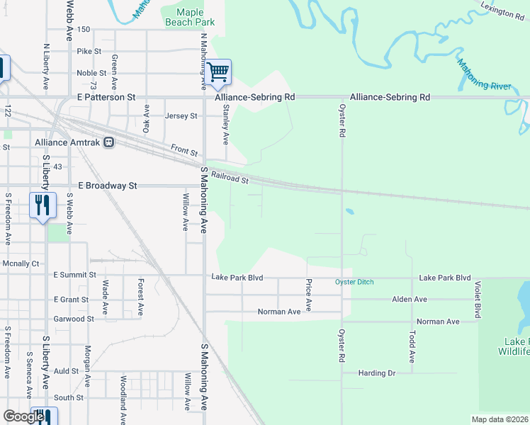map of restaurants, bars, coffee shops, grocery stores, and more near 22657 Railroad Street in Alliance