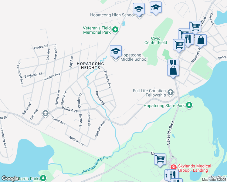 map of restaurants, bars, coffee shops, grocery stores, and more near 85 Frances Avenue in Stanhope