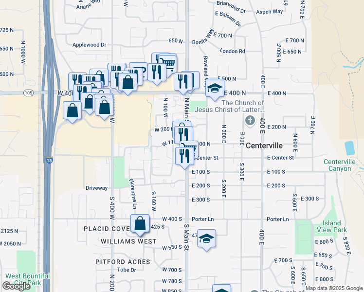 map of restaurants, bars, coffee shops, grocery stores, and more near 147 North Main Street in Centerville