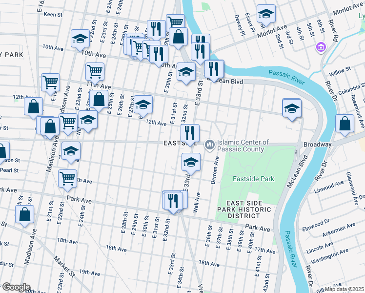 map of restaurants, bars, coffee shops, grocery stores, and more near 729 Doctor Martin Luther King Junior Way in Paterson