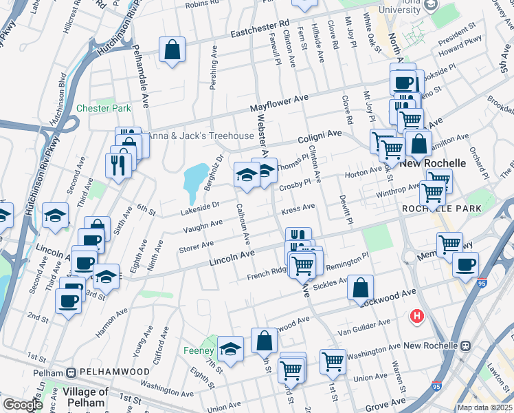 map of restaurants, bars, coffee shops, grocery stores, and more near 42 Westminster Court in New Rochelle