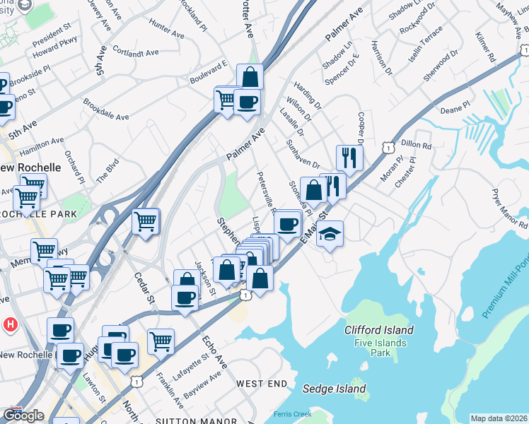 map of restaurants, bars, coffee shops, grocery stores, and more near 55 Petersville Road in New Rochelle